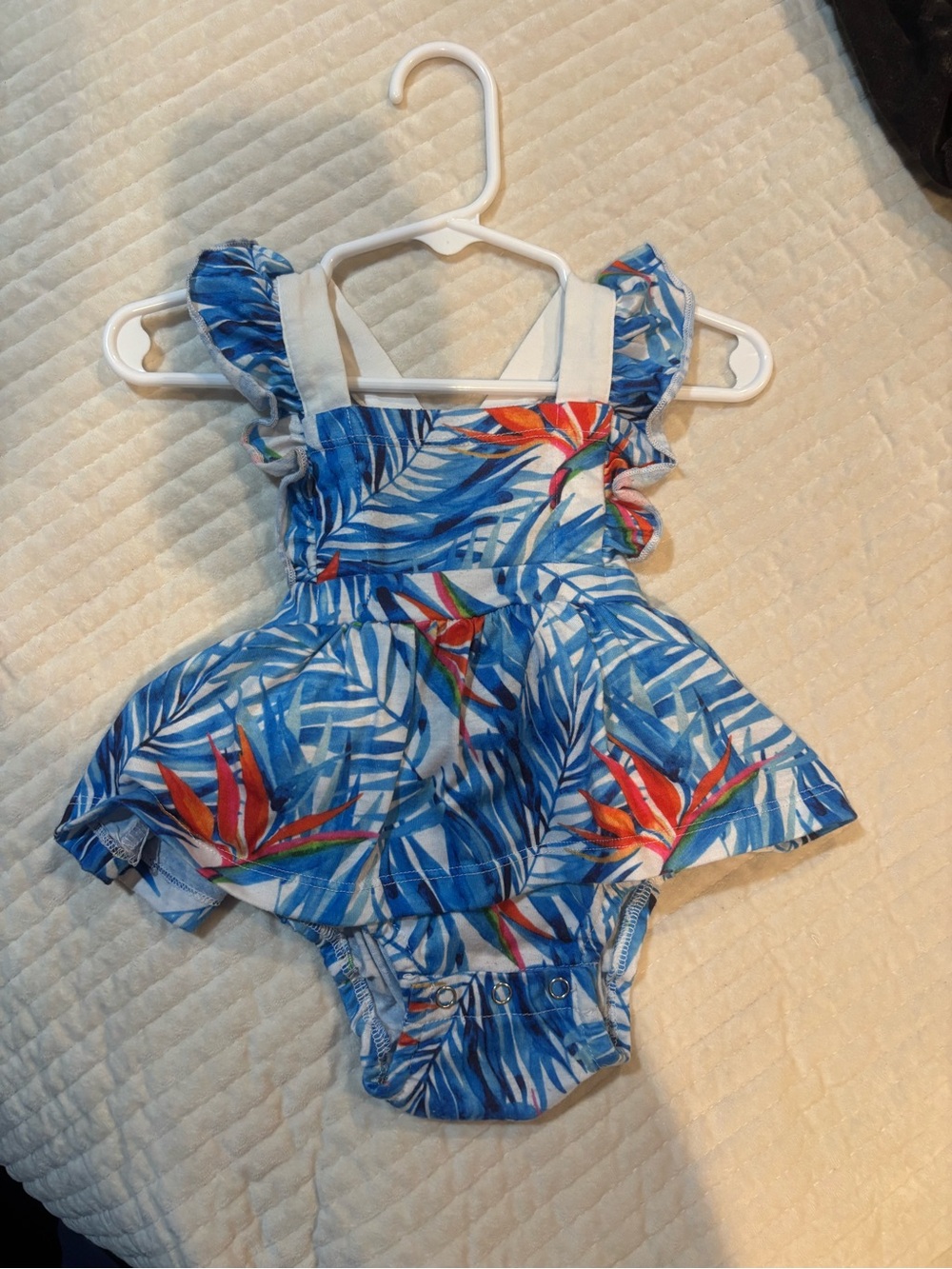 Blue Tropical Floral Baby Romper with Ruffle Straps